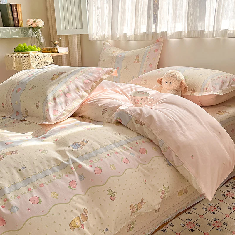 100% Cotton Duvet Cover Set Cute Cartoon Bedding Set 1 Duvet Cover 2 Pillow Shams Breathable Bed Set Single/Double/King/240x220