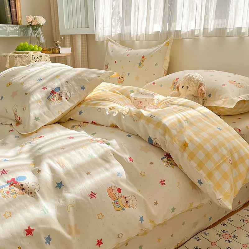 100% Cotton Duvet Cover Set Cute Cartoon Bedding Set 1 Duvet Cover 2 Pillow Shams Breathable Bed Set Single/Double/King/240x220