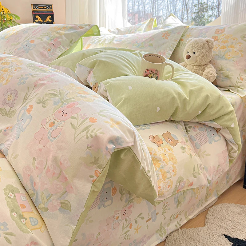 100% Cotton Duvet Cover Set Cute Cartoon Bedding Set 1 Duvet Cover 2 Pillow Shams Breathable Bed Set Single/Double/King/240x220