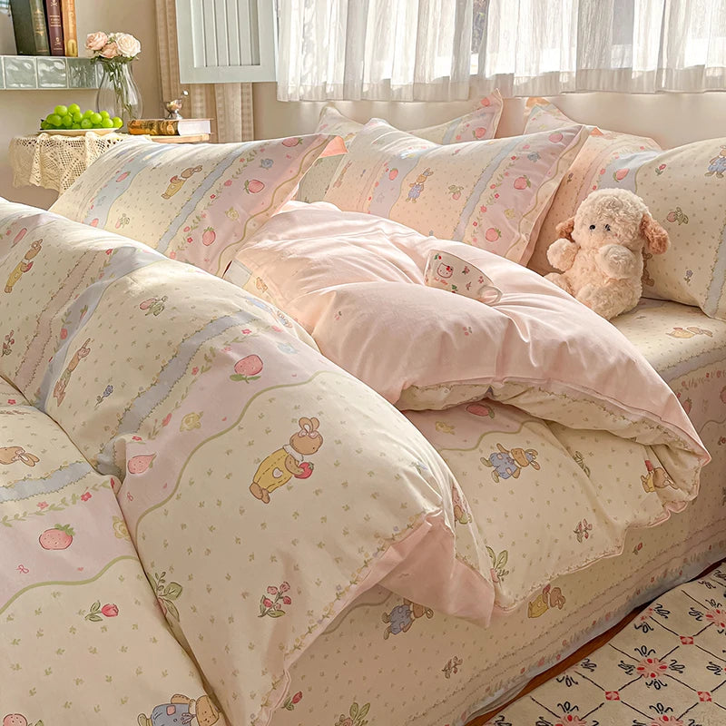 100% Cotton Duvet Cover Set Cute Cartoon Bedding Set 1 Duvet Cover 2 Pillow Shams Breathable Bed Set Single/Double/King/240x220
