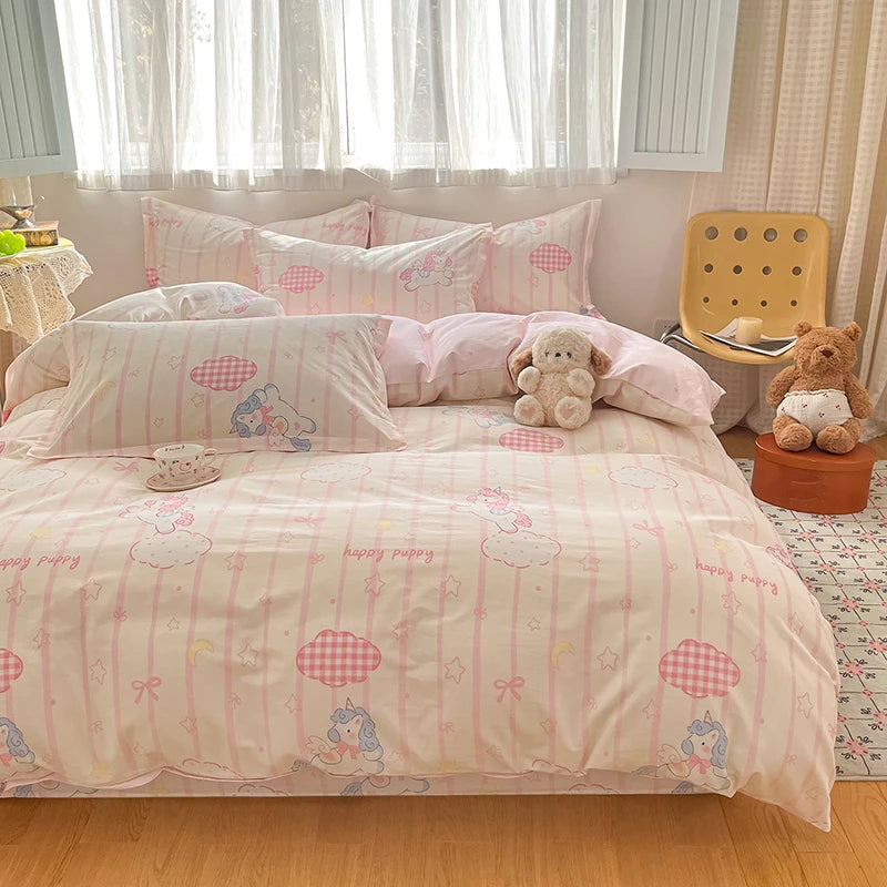100% Cotton Duvet Cover Set Cute Cartoon Bedding Set 1 Duvet Cover 2 Pillow Shams Breathable Bed Set Single/Double/King/240x220