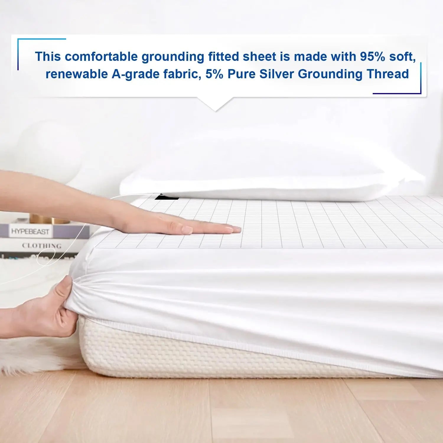 MAXSHARER Earthing Fitted Sheet Organic Cotton with Conductive Silver Fiber Grounding Bed Sheet Fitted Sheet for Nature Wellness