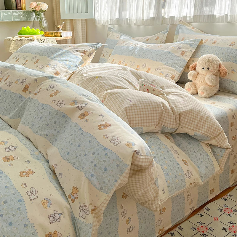 100% Cotton Duvet Cover Set Cute Cartoon Bedding Set 1 Duvet Cover 2 Pillow Shams Breathable Bed Set Single/Double/King/240x220
