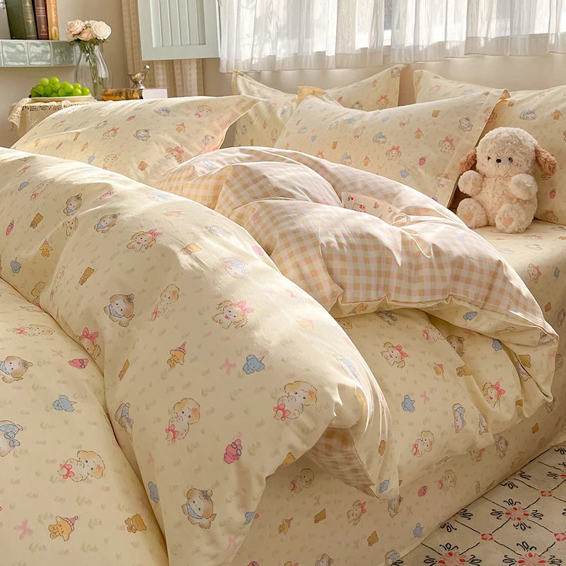 100% Cotton Duvet Cover Set Cute Cartoon Bedding Set 1 Duvet Cover 2 Pillow Shams Breathable Bed Set Single/Double/King/240x220