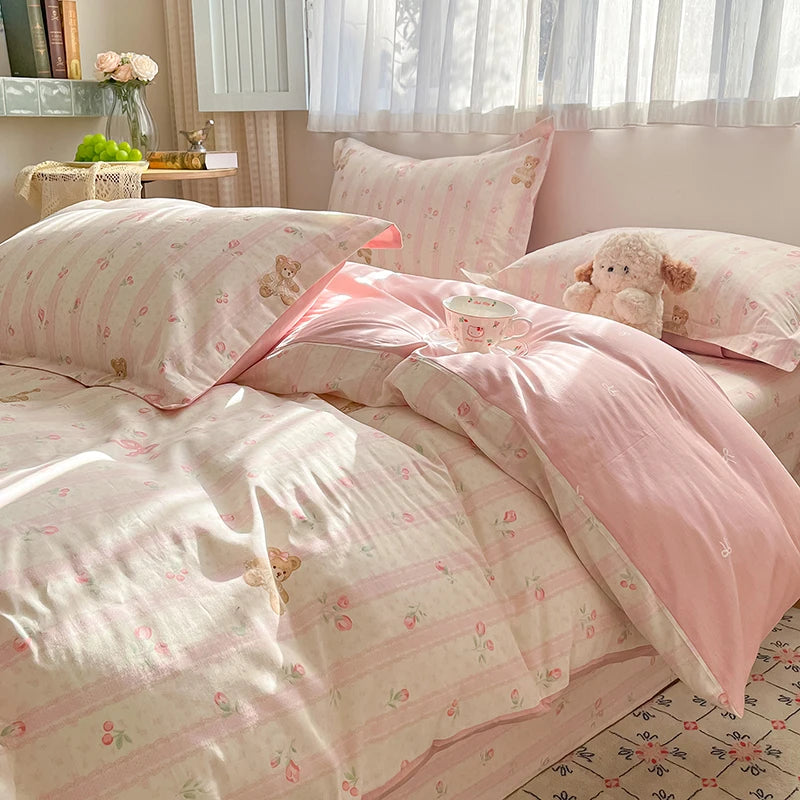 100% Cotton Duvet Cover Set Cute Cartoon Bedding Set 1 Duvet Cover 2 Pillow Shams Breathable Bed Set Single/Double/King/240x220