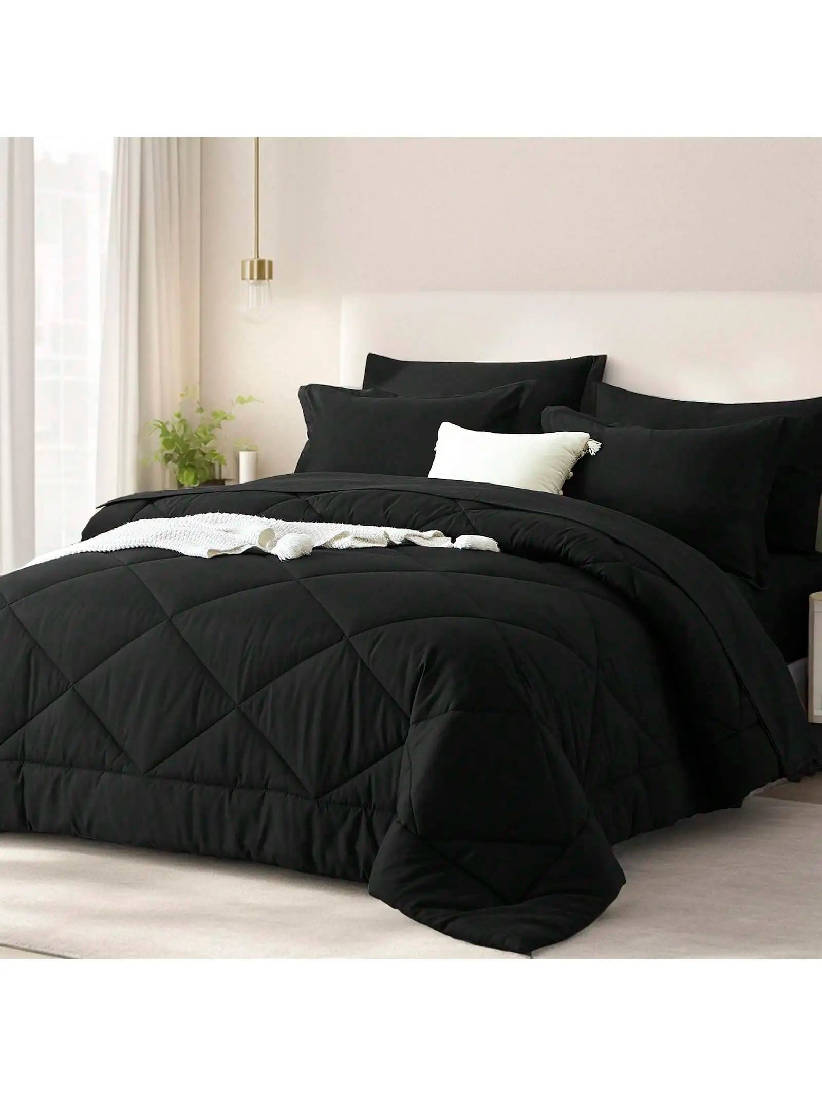 5/7 Piece Solid Color Bed Comforter Set Queen, Creative Geometric Pattern Design, Soft And Comfortable Summer Bedding Set.Bed In A Bag For All Seasons, Includes Comforter, Flat Sheet, Fitted Sheet, Pillowcases, Ideal Gift.