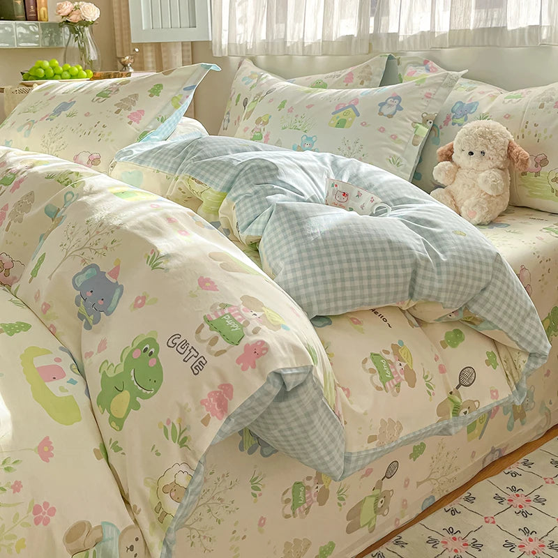 100% Cotton Duvet Cover Set Cute Cartoon Bedding Set 1 Duvet Cover 2 Pillow Shams Breathable Bed Set Single/Double/King/240x220