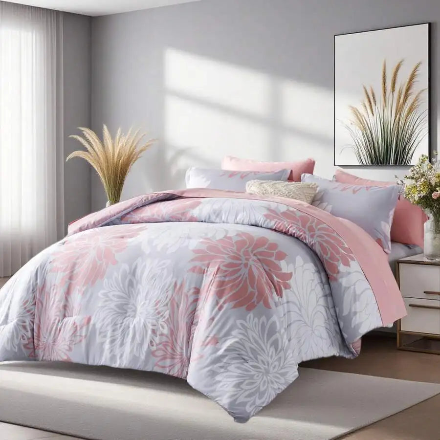 7 Pieces Chic Floral Printed Bed Comforter Sets, Queen King, Soft And Comfortable Summer Bedding Sets, Bed In A Bag, Hotel Bedro