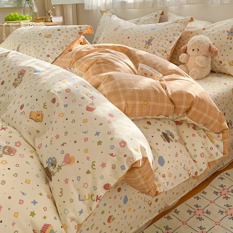 100% Cotton Duvet Cover Set Cute Cartoon Bedding Set 1 Duvet Cover 2 Pillow Shams Breathable Bed Set Single/Double/King/240x220