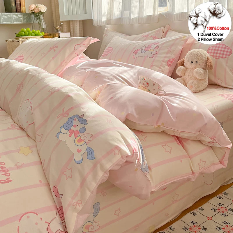 100% Cotton Duvet Cover Set Cute Cartoon Bedding Set 1 Duvet Cover 2 Pillow Shams Breathable Bed Set Single/Double/King/240x220
