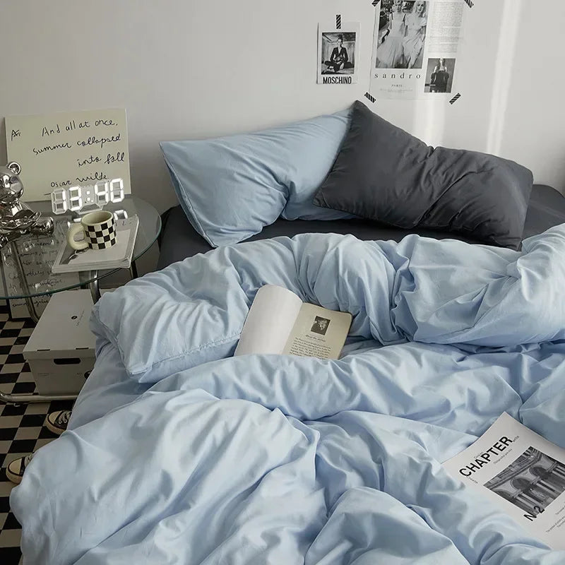 High Quality Solid Color Double Washed Cotton Bedding 4 Pieces Set Student Dormitory Bed Linen Duvet Set Bed Suit