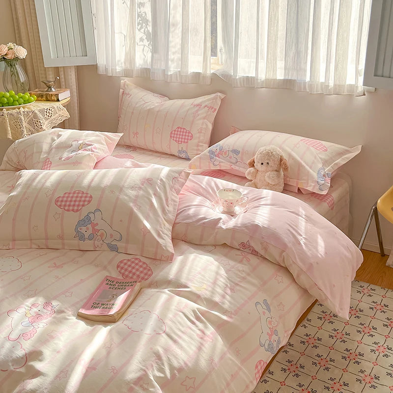 100% Cotton Duvet Cover Set Cute Cartoon Bedding Set 1 Duvet Cover 2 Pillow Shams Breathable Bed Set Single/Double/King/240x220