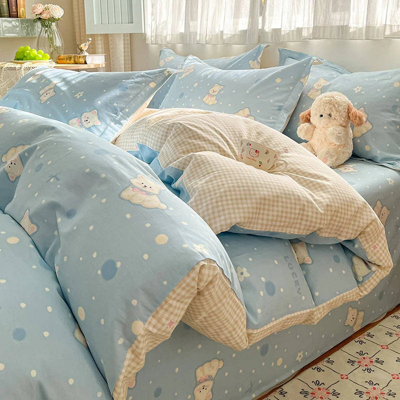 100% Cotton Duvet Cover Set Cute Cartoon Bedding Set 1 Duvet Cover 2 Pillow Shams Breathable Bed Set Single/Double/King/240x220