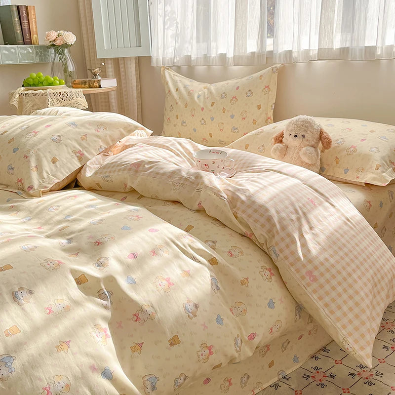 100% Cotton Duvet Cover Set Cute Cartoon Bedding Set 1 Duvet Cover 2 Pillow Shams Breathable Bed Set Single/Double/King/240x220