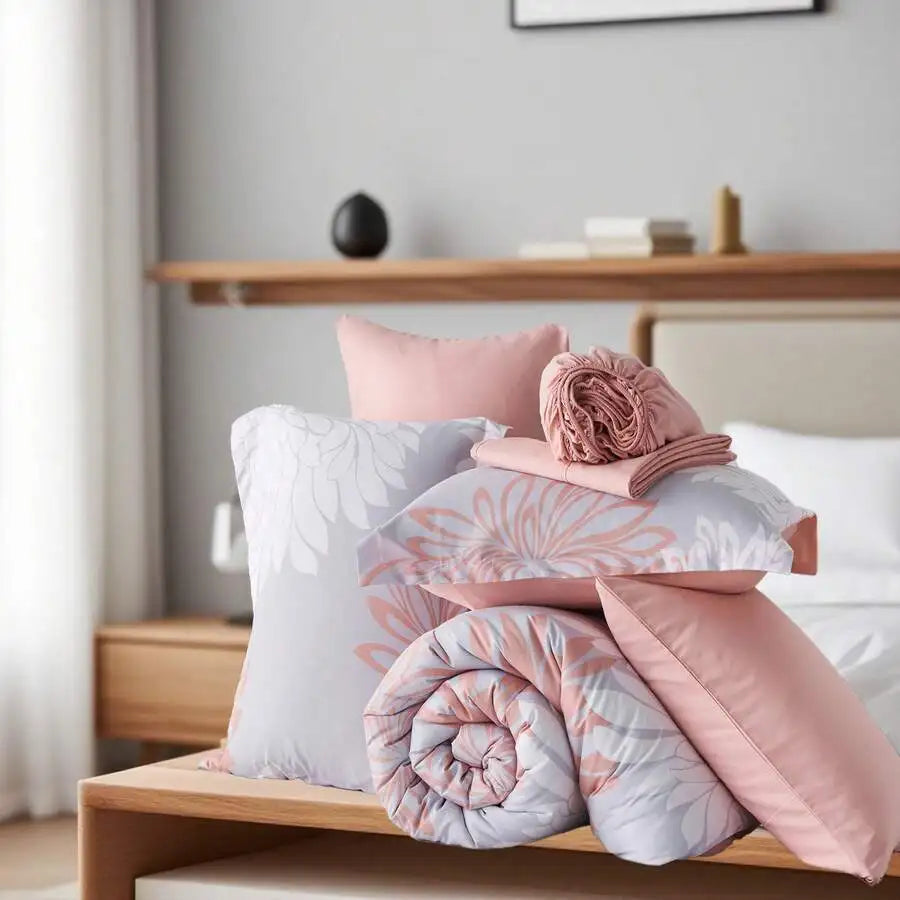7 Pieces Chic Floral Printed Bed Comforter Sets, Queen King, Soft And Comfortable Summer Bedding Sets, Bed In A Bag, Hotel Bedro