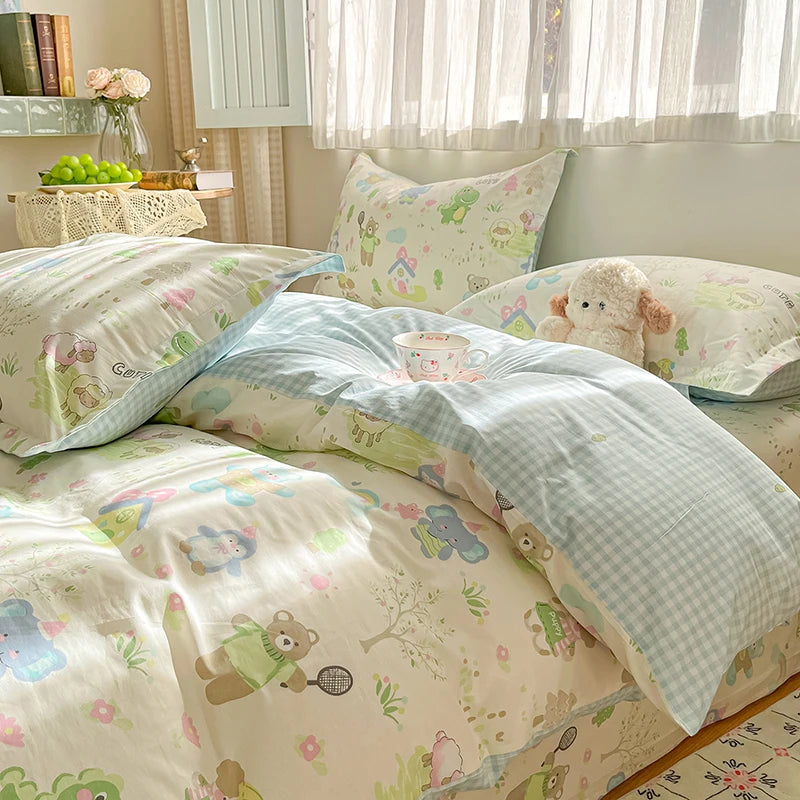 100% Cotton Duvet Cover Set Cute Cartoon Bedding Set 1 Duvet Cover 2 Pillow Shams Breathable Bed Set Single/Double/King/240x220