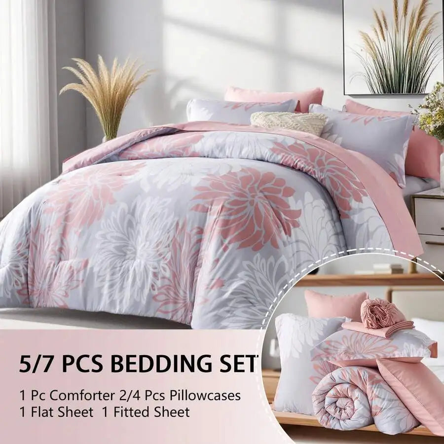 7 Pieces Chic Floral Printed Bed Comforter Sets, Queen King, Soft And Comfortable Summer Bedding Sets, Bed In A Bag, Hotel Bedro