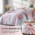 7 Pieces Chic Floral Printed Bed Comforter Sets, Queen King, Soft And Comfortable Summer Bedding Sets, Bed In A Bag, Hotel Bedro