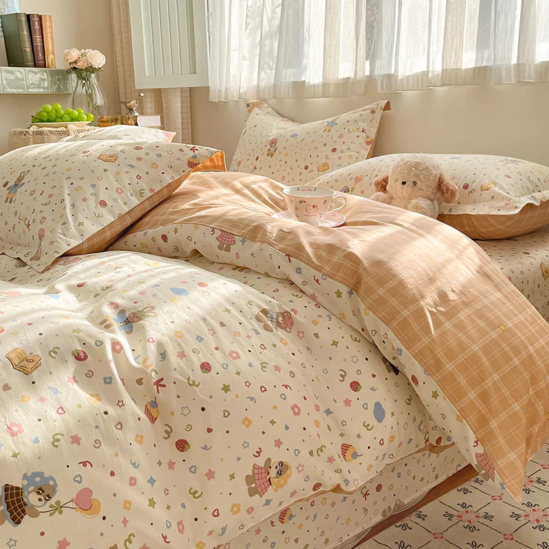 100% Cotton Duvet Cover Set Cute Cartoon Bedding Set 1 Duvet Cover 2 Pillow Shams Breathable Bed Set Single/Double/King/240x220
