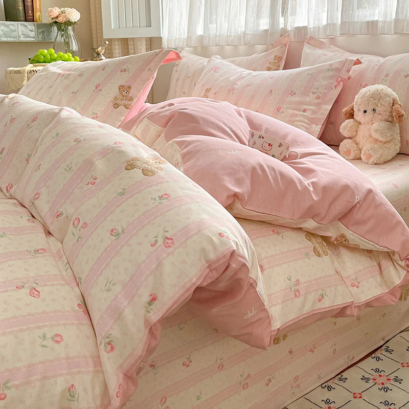 100% Cotton Duvet Cover Set Cute Cartoon Bedding Set 1 Duvet Cover 2 Pillow Shams Breathable Bed Set Single/Double/King/240x220
