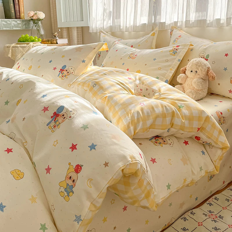 100% Cotton Duvet Cover Set Cute Cartoon Bedding Set 1 Duvet Cover 2 Pillow Shams Breathable Bed Set Single/Double/King/240x220