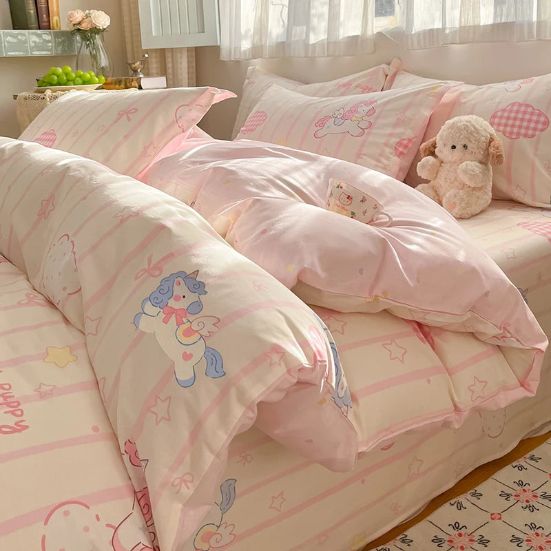 100% Cotton Duvet Cover Set Cute Cartoon Bedding Set 1 Duvet Cover 2 Pillow Shams Breathable Bed Set Single/Double/King/240x220