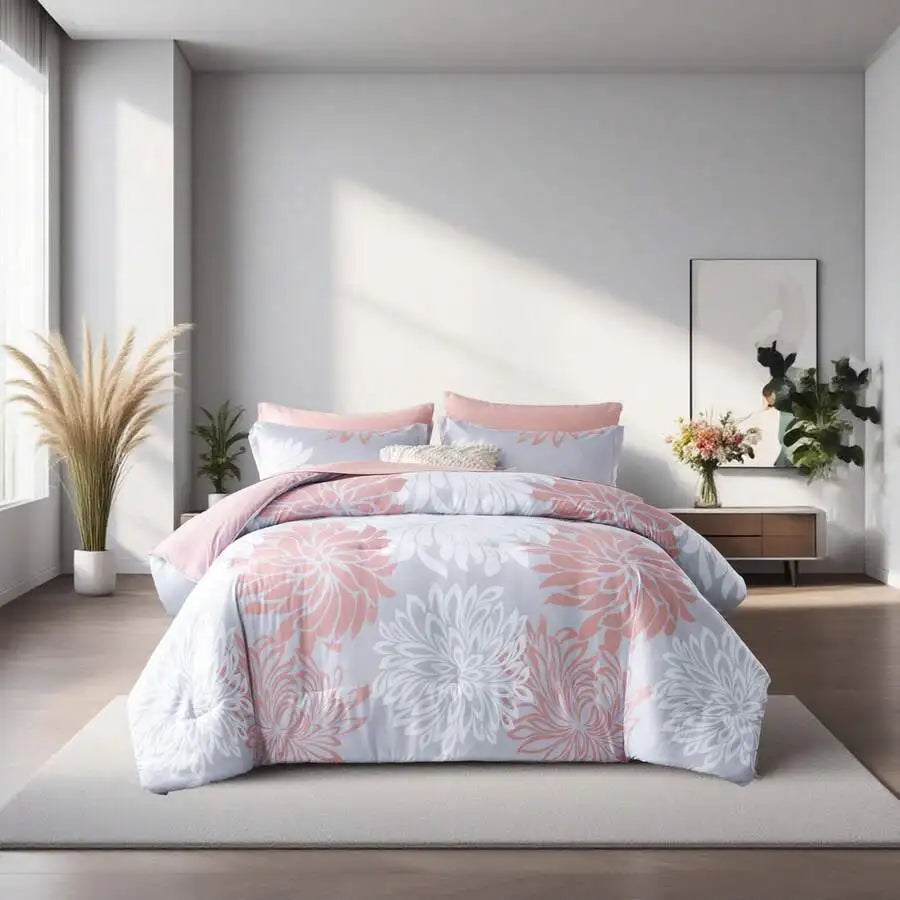 7 Pieces Chic Floral Printed Bed Comforter Sets, Queen King, Soft And Comfortable Summer Bedding Sets, Bed In A Bag, Hotel Bedro