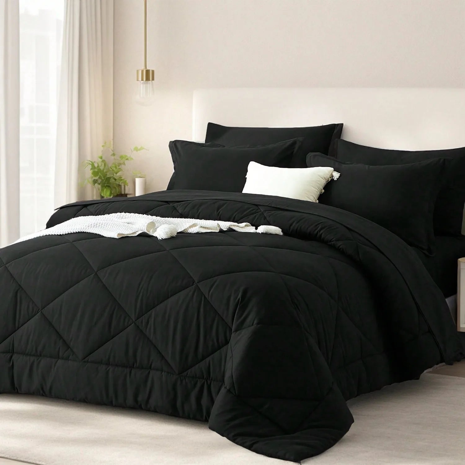 5/7 Piece Solid Color Bed Comforter Set Queen, Creative Geometric Pattern Design, Soft And Comfortable Summer Bedding Set.Bed In A Bag For All Seasons, Includes Comforter, Flat Sheet, Fitted Sheet, Pillowcases, Ideal Gift.