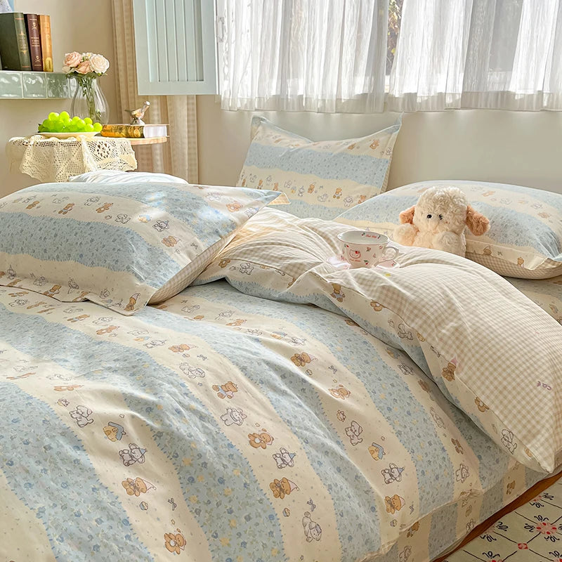 100% Cotton Duvet Cover Set Cute Cartoon Bedding Set 1 Duvet Cover 2 Pillow Shams Breathable Bed Set Single/Double/King/240x220