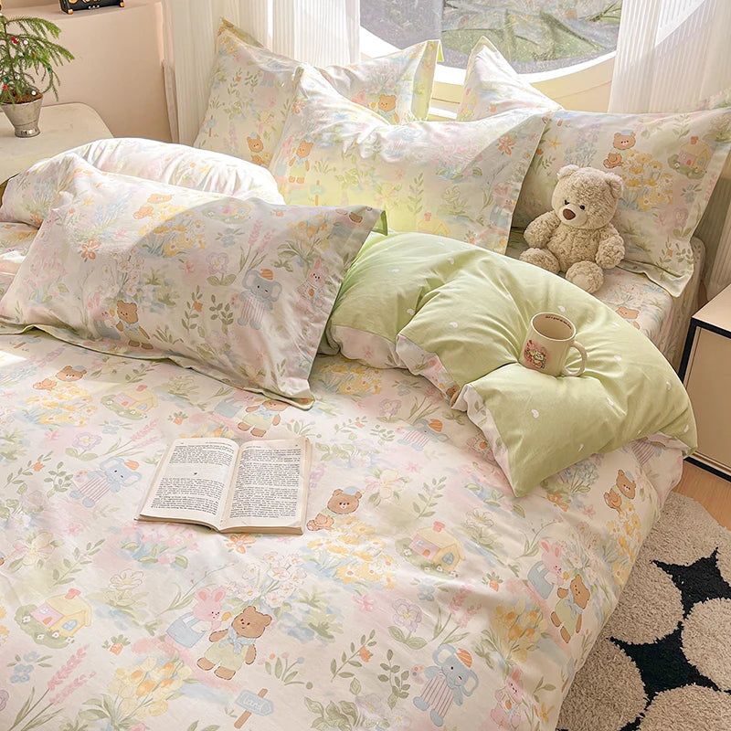 100% Cotton Duvet Cover Set Cute Cartoon Bedding Set 1 Duvet Cover 2 Pillow Shams Breathable Bed Set Single/Double/King/240x220